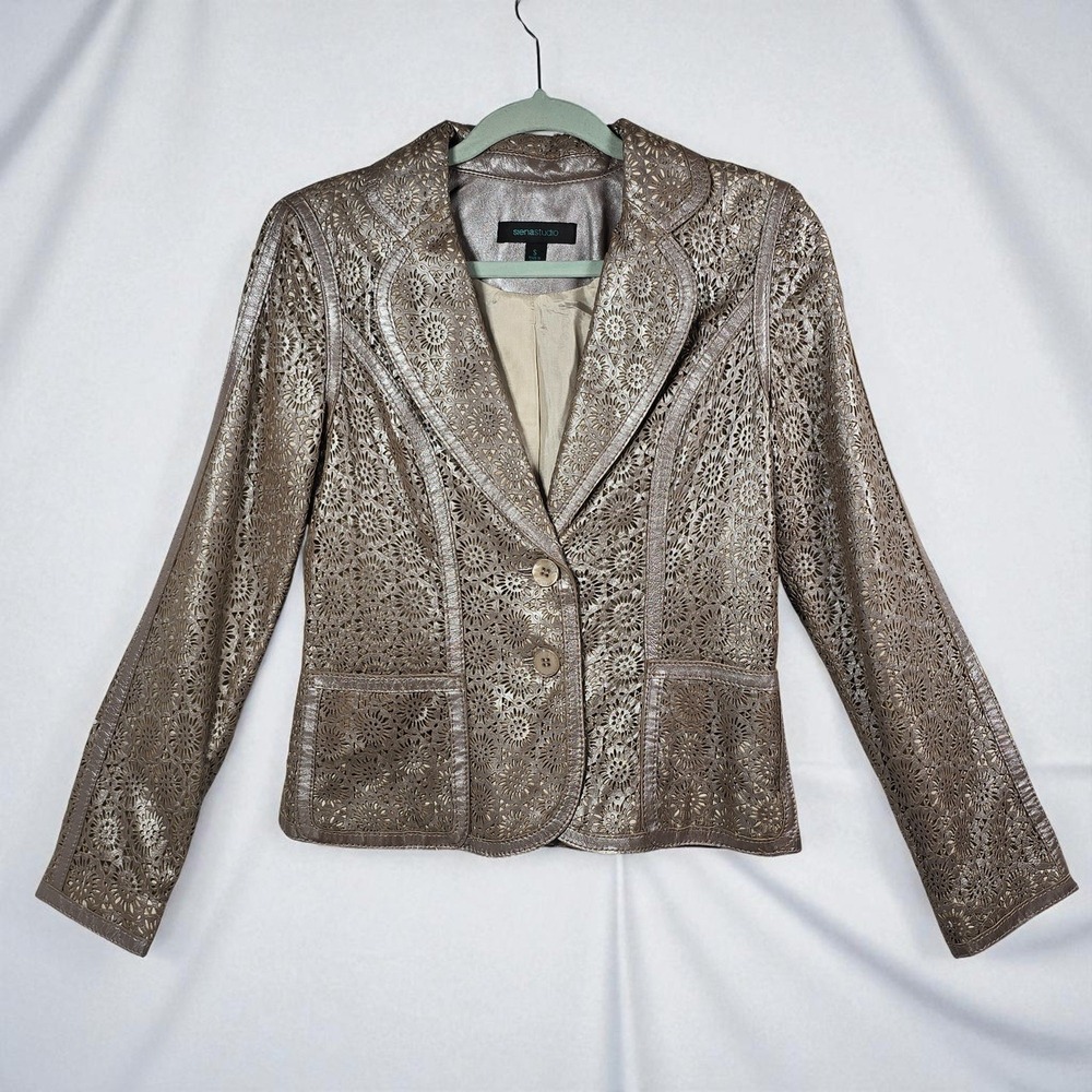 Siena Studio Leather Jacket Laser Cut Ornate Floral Blazer Woman Small Rose Gold